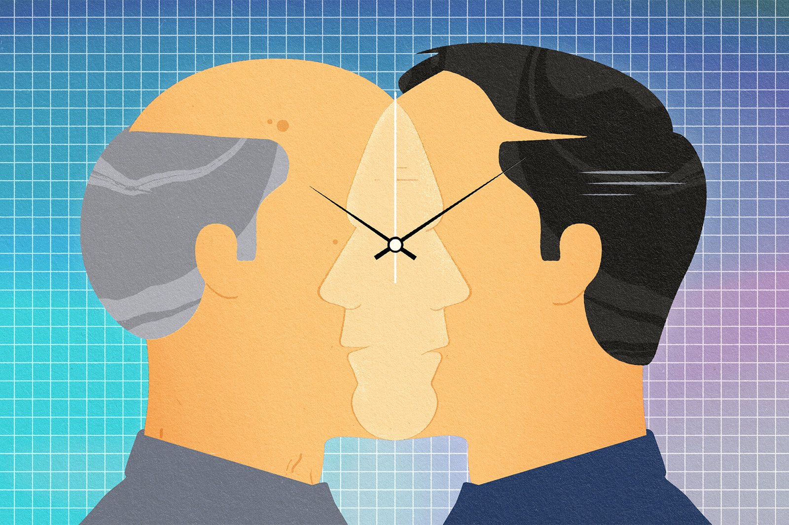 Ilustración de un rostro dividido entre una persona joven y otra mayor con las agujas de un reloj en el centro