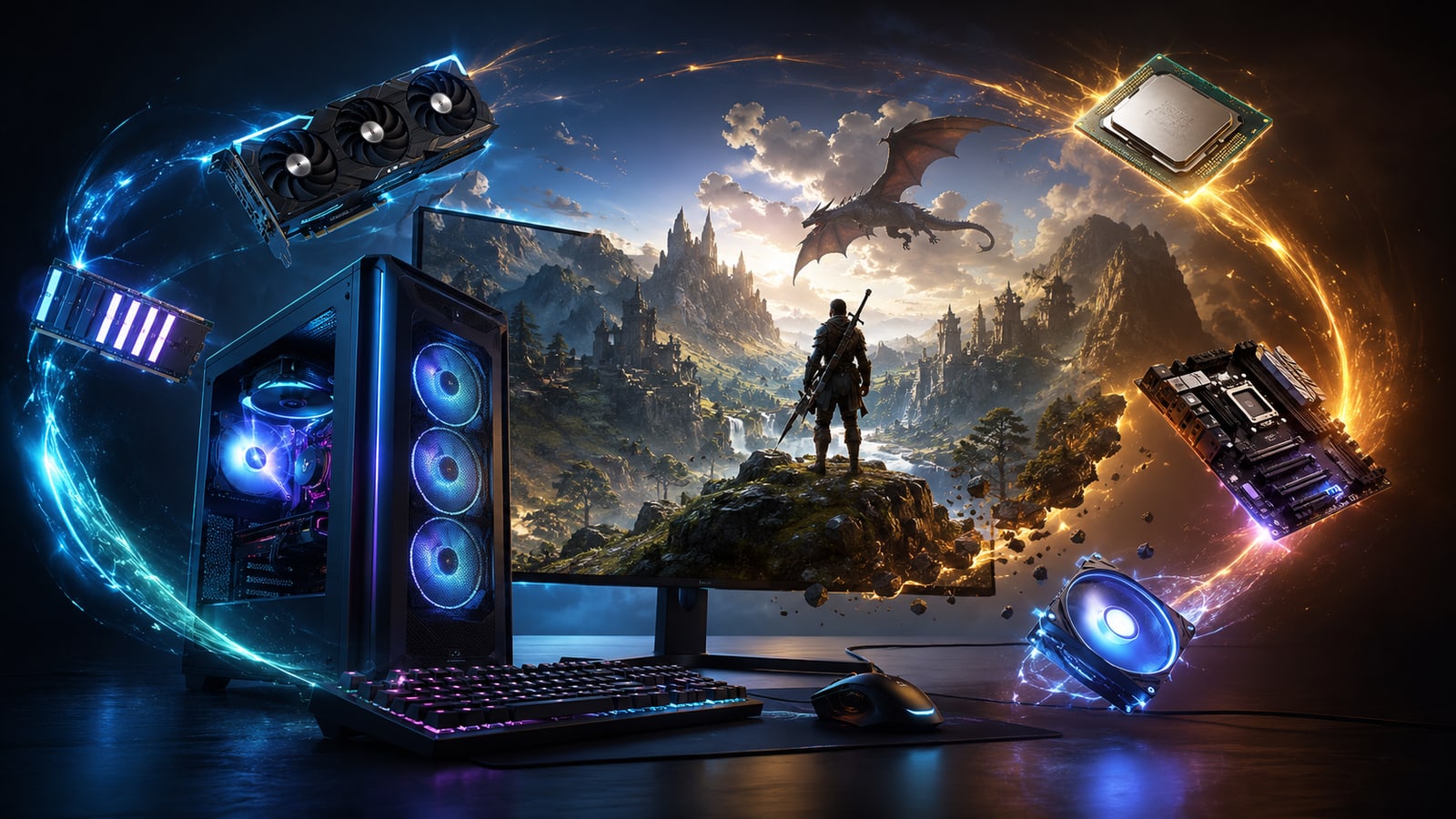 A gaming PC surrounds a game display while its components form a ring of energy