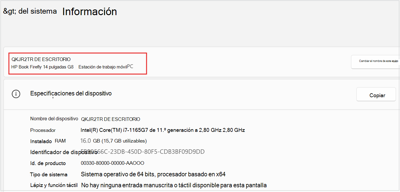 Pantalla oficial de Windows 11 con el nombre y el modelo del dispositivo dentro de Configuración
