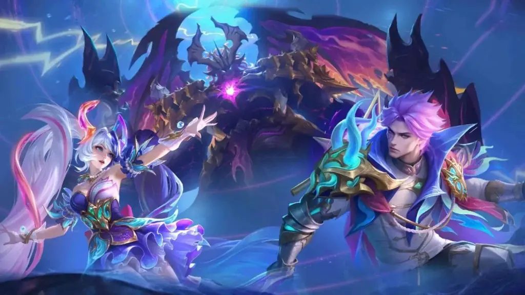 Dos héroes de Mobile Legends frente a un jefe del mapa