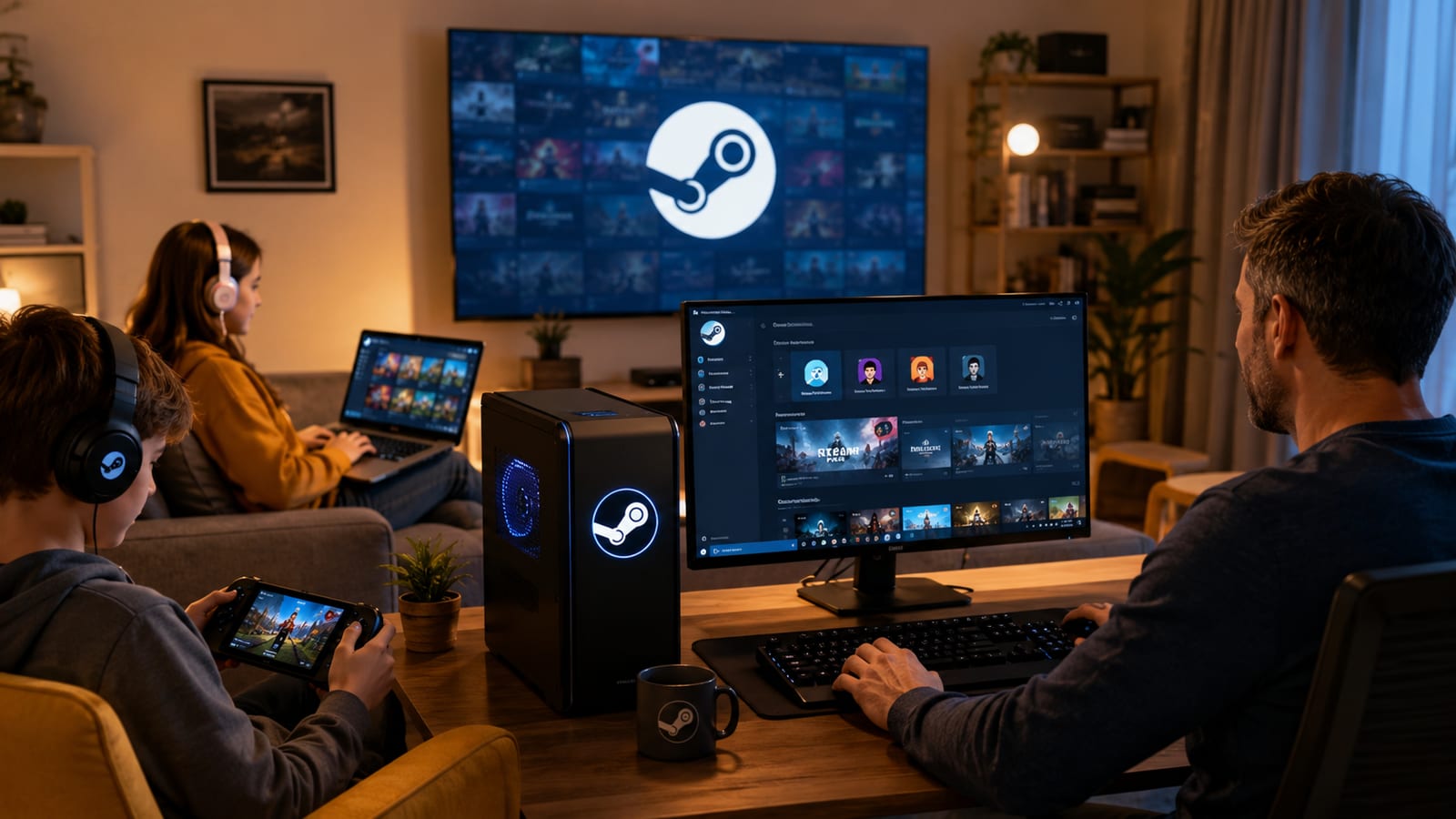 Una familia utiliza su biblioteca de Steam desde varios ordenadores y una consola portátil
