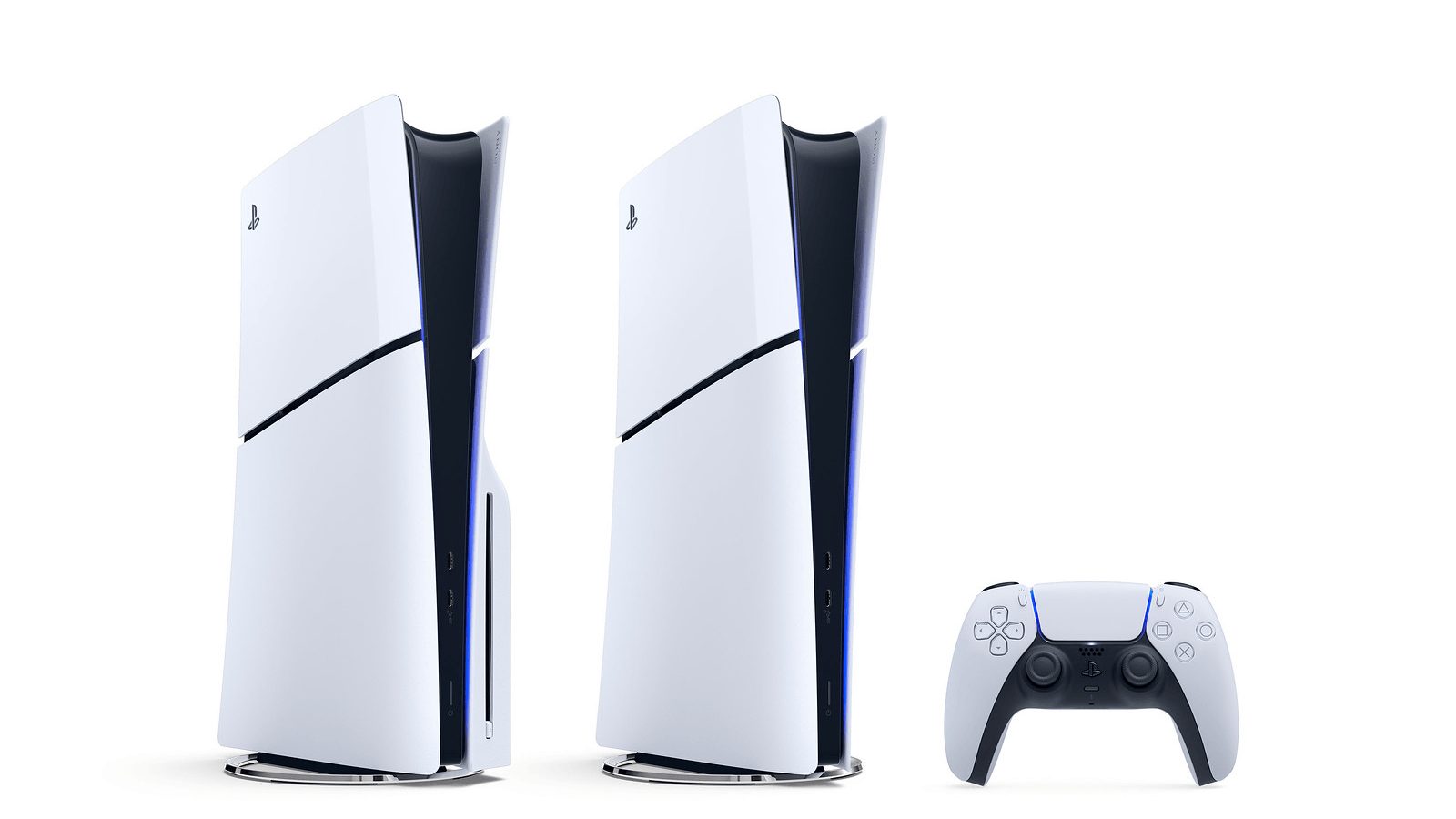 Two PS5 consoles standing upright next to a DualSense controller on a white background, official Sony image