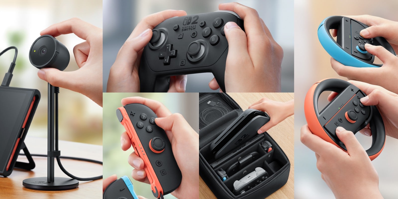 Official Nintendo Switch 2 accessory montage with the camera, Pro Controller, Joy-Con 2, wheels and carrying case
