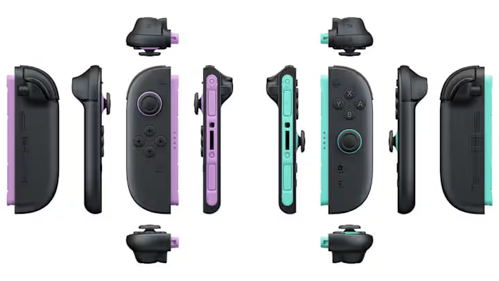 Light purple and light green Joy-Con 2 controllers shown from several angles