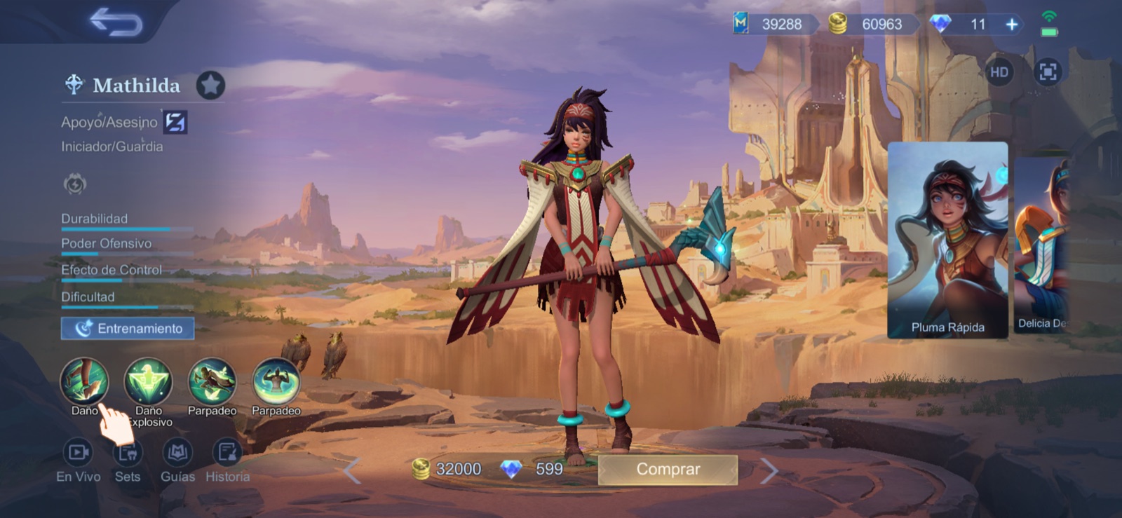 Pantalla de compra de Mathilda por 32.000 Puntos de Batalla o 599 diamantes en Mobile Legends