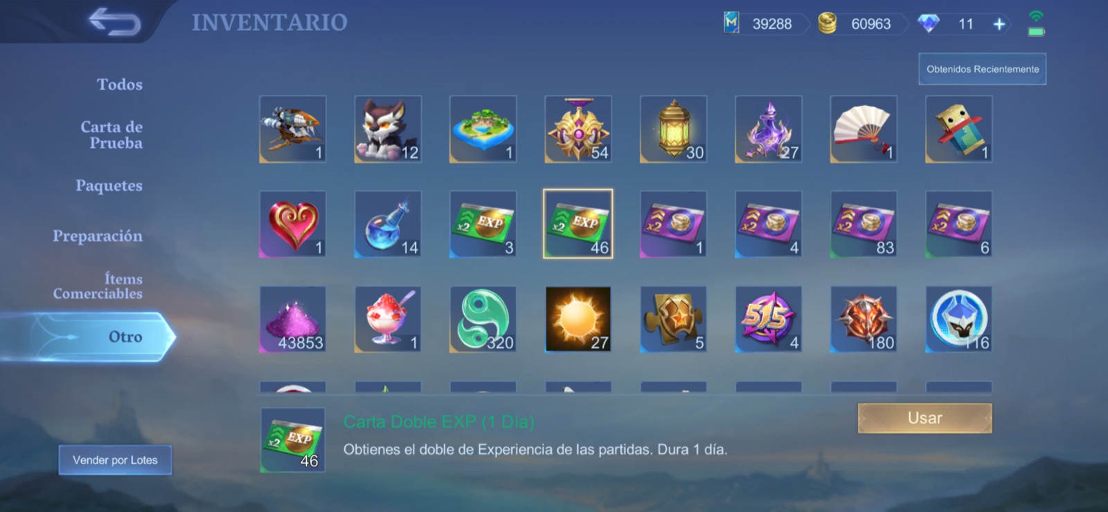 Inventario de Mobile Legends con tarjetas dobles de experiencia y de Puntos de Batalla