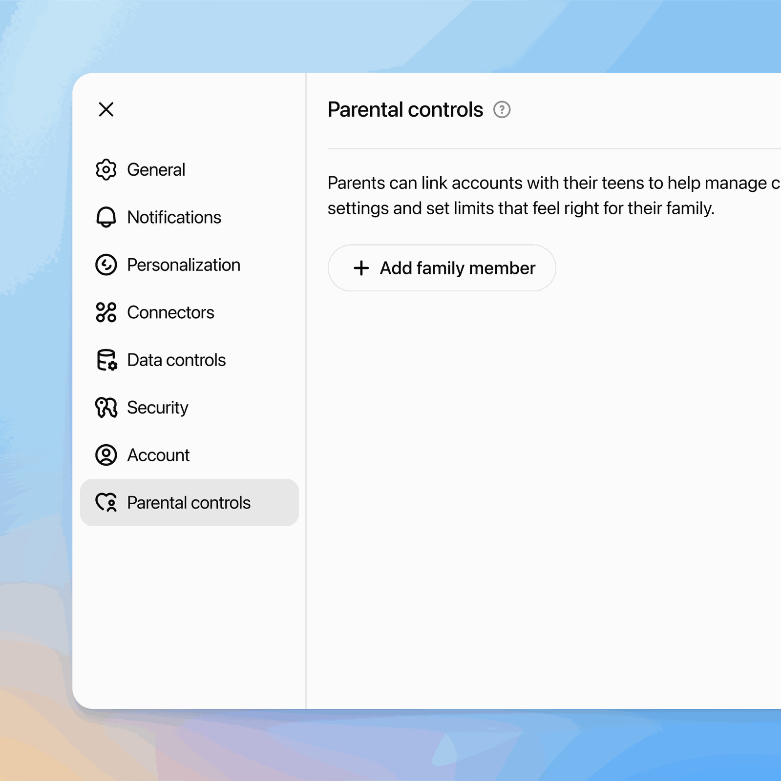ChatGPT settings with Parental controls selected and the button to add a family member