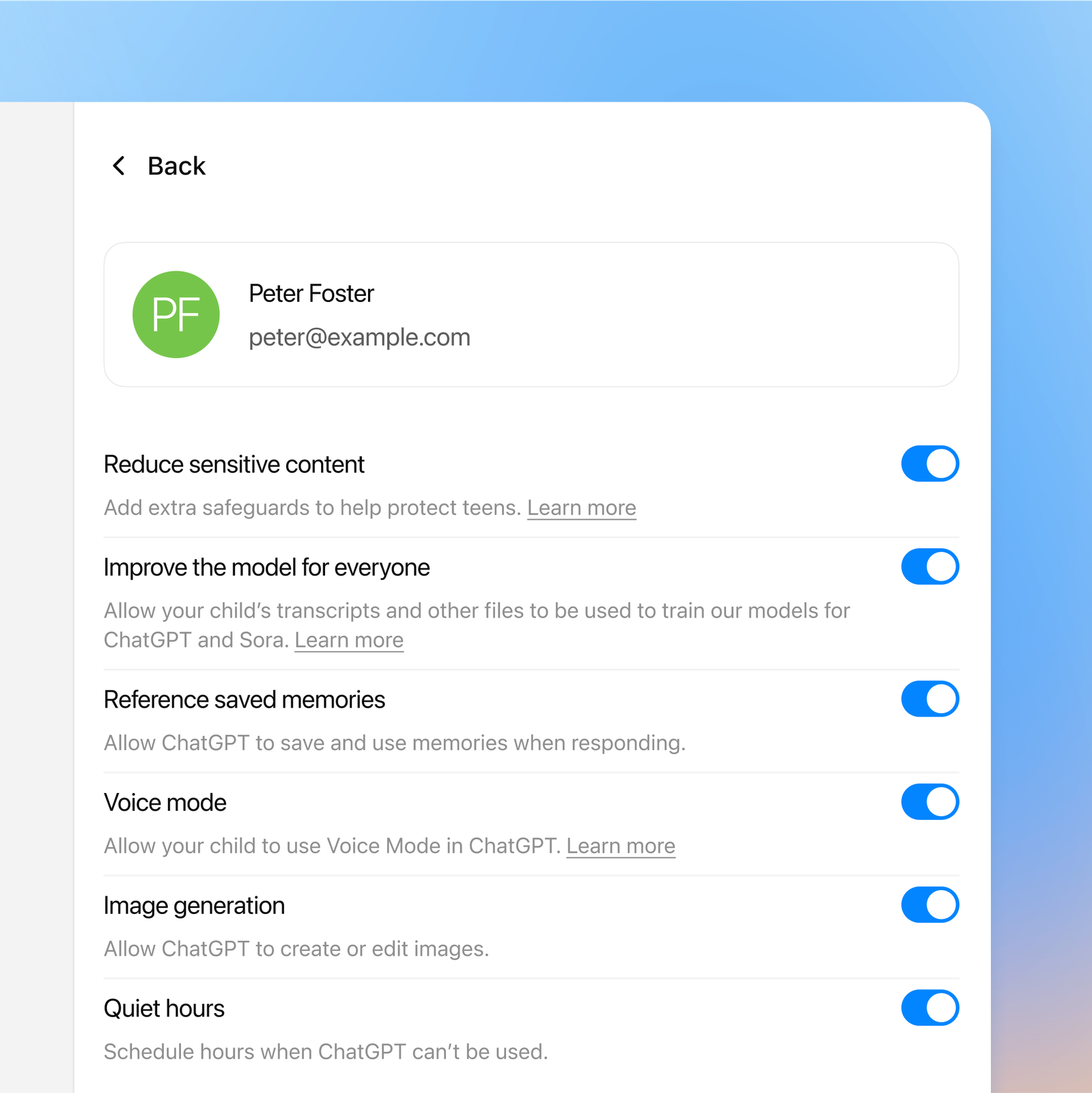 Parental controls screen for a teen account with switches for sensitive content, model training, memory, voice, images and quiet hours
