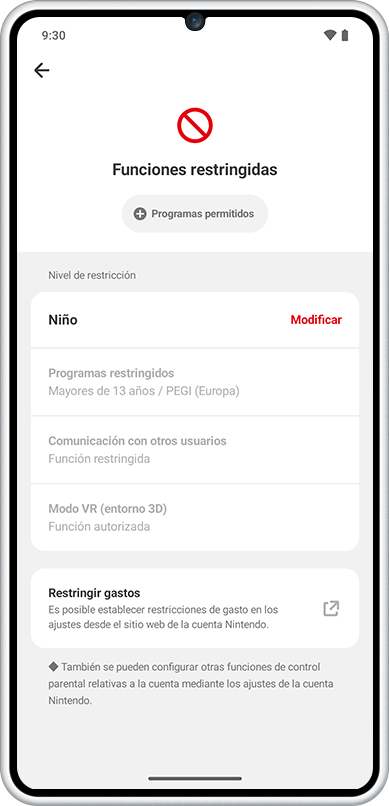 The Restricted Features screen in the Parental Controls app, set to Child with the spending restriction option (Spanish interface)