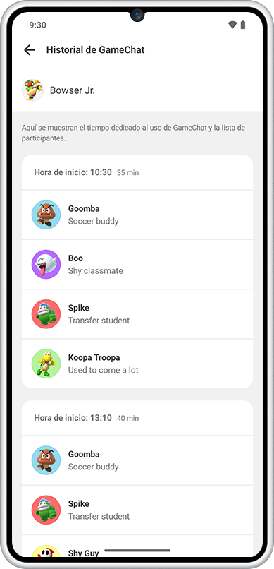 GameChat history in the Parental Controls app, listing each session's start time and participants (Spanish interface)