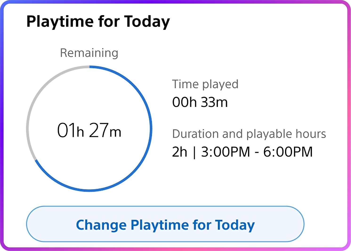 Pantalla de la app PlayStation Family con el tiempo de juego que le queda hoy al menor (interfaz en inglés)
