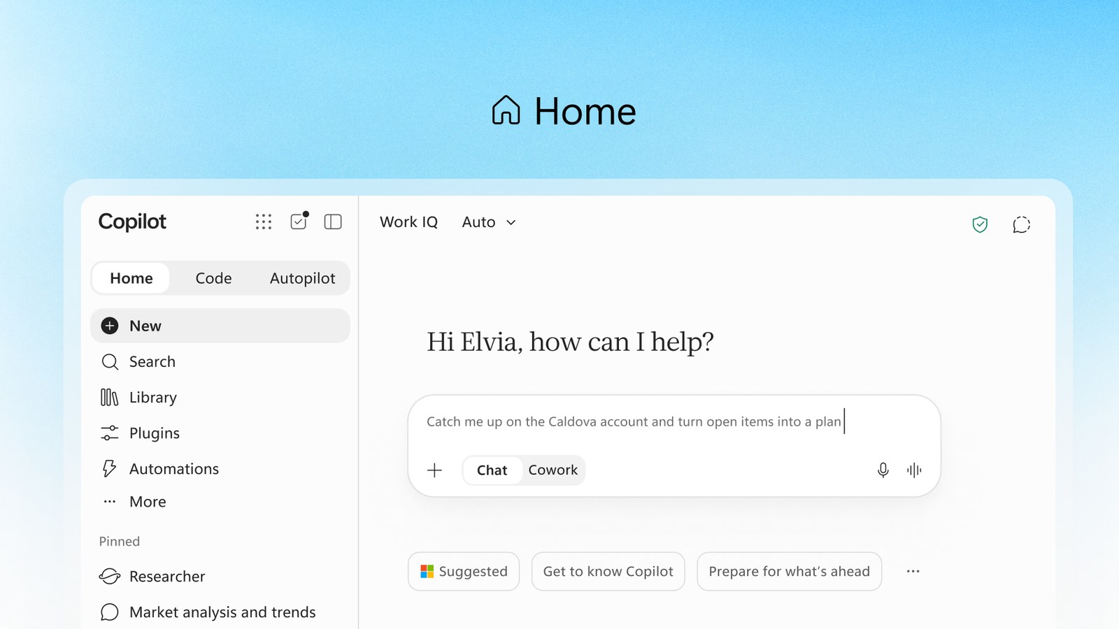 Official view of Copilot Home with document work tools