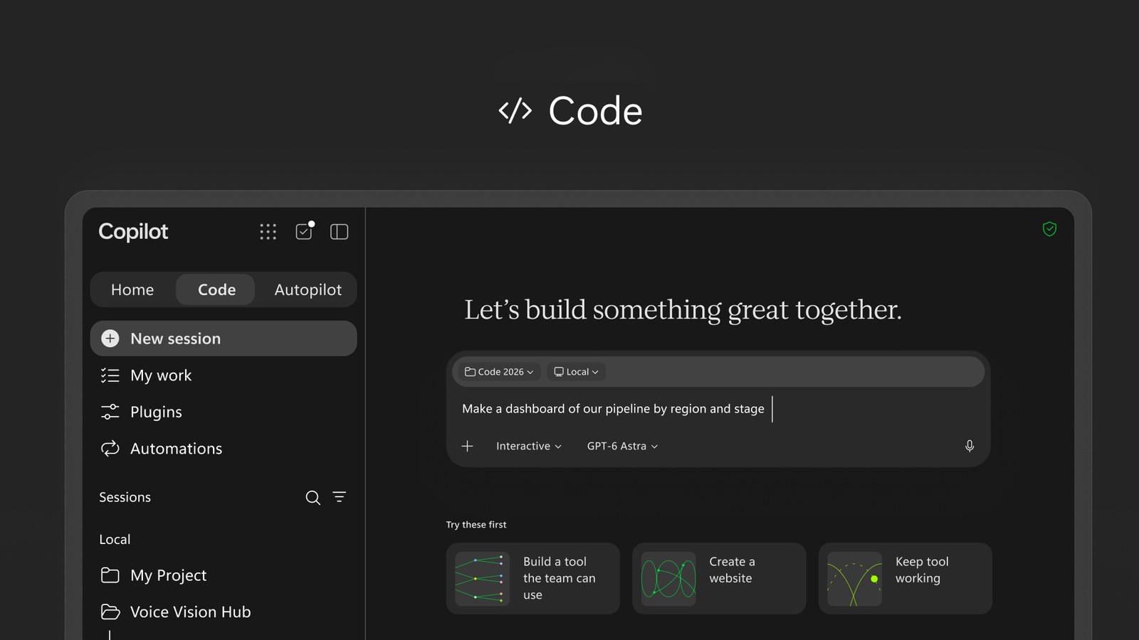 Official view of Copilot Code and an app created within its workspace