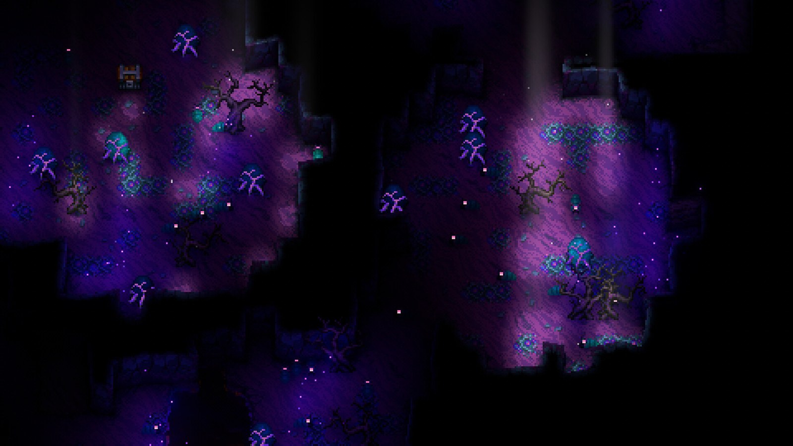 Cueva de tonos violetas en una captura de Core Keeper