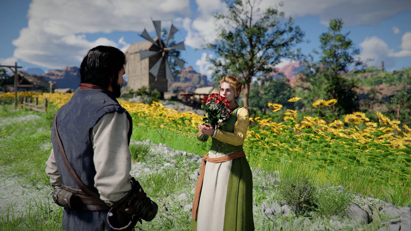 Un personaje entrega flores en una zona rural de Pywel