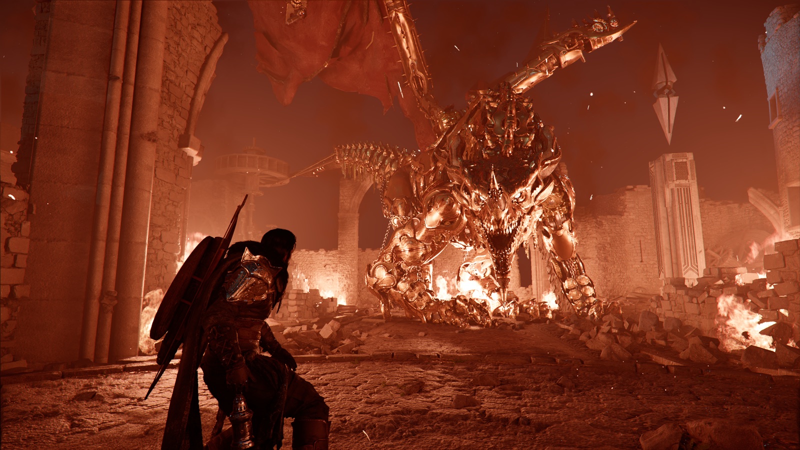 Kliff faces a huge mechanical dragon inside a burning fortress in Crimson Desert Enhanced