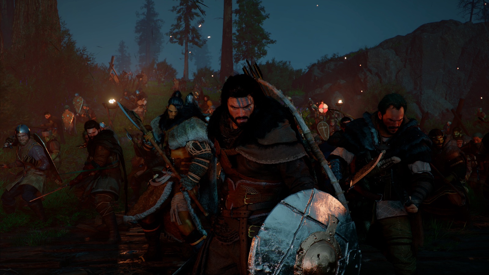 Kliff advances with a group of Greymanes during a night battle in Crimson Desert Enhanced