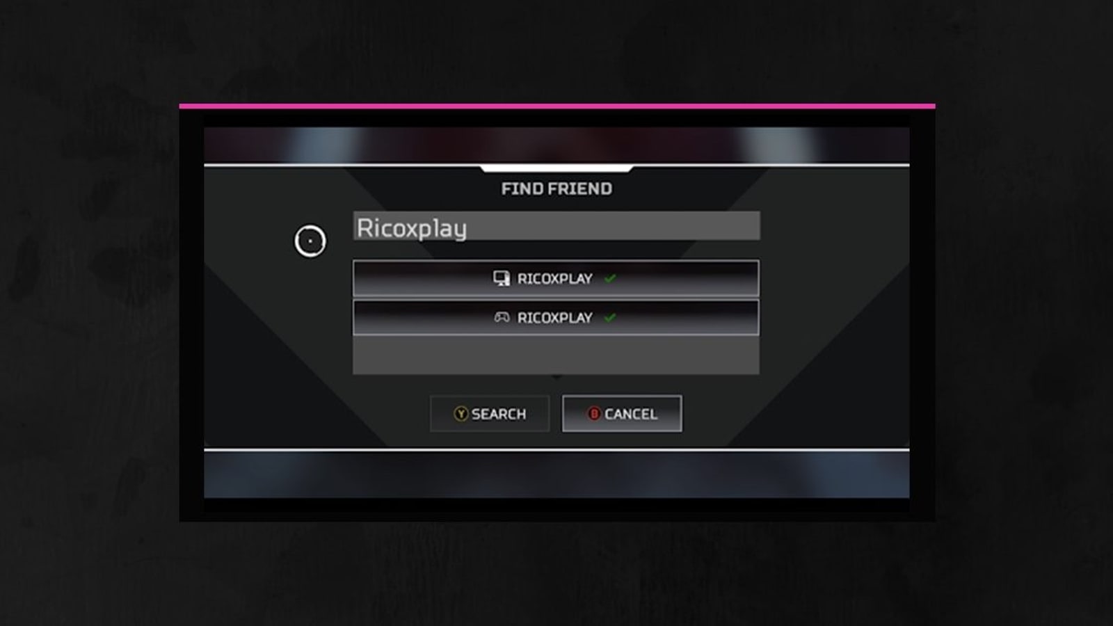 Buscador de amigos de Apex Legends con resultados de PC y consola