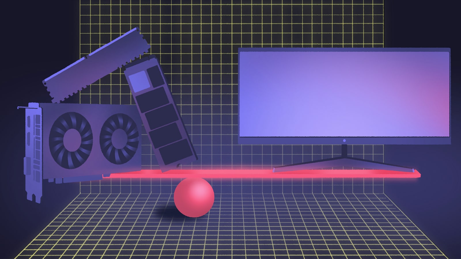 Technical illustration balancing CPU, GPU, memory and display