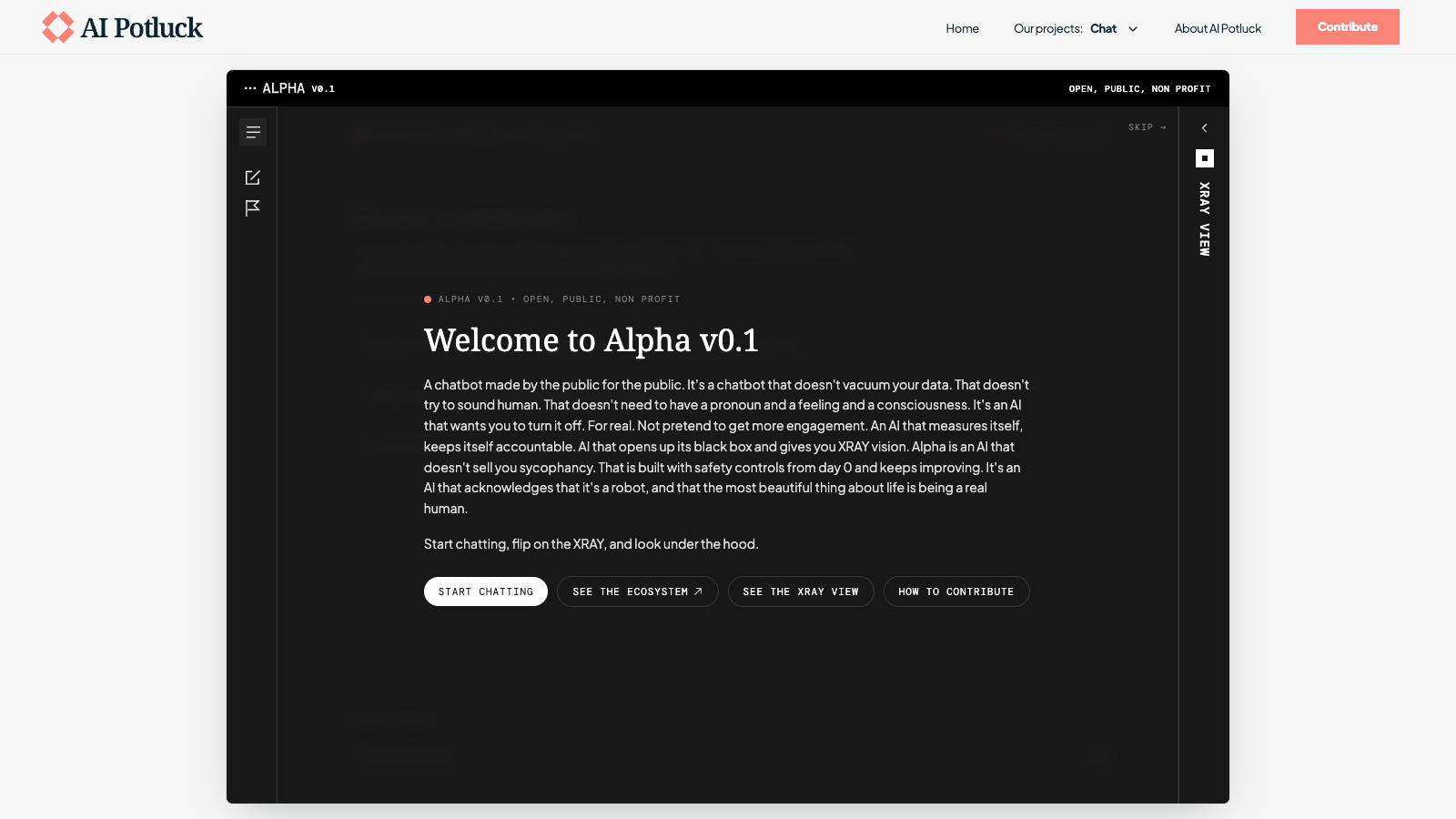 Pantalla de bienvenida de Alpha Chat, el asistente público y abierto de AI Potluck