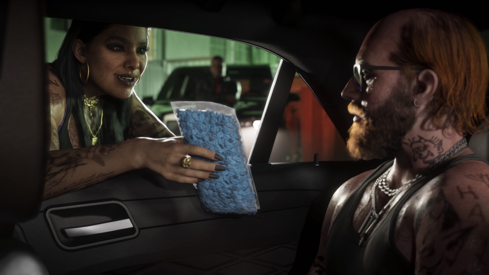 A woman hands a bag to a man sitting in a car in Port Gellhorn, GTA 6