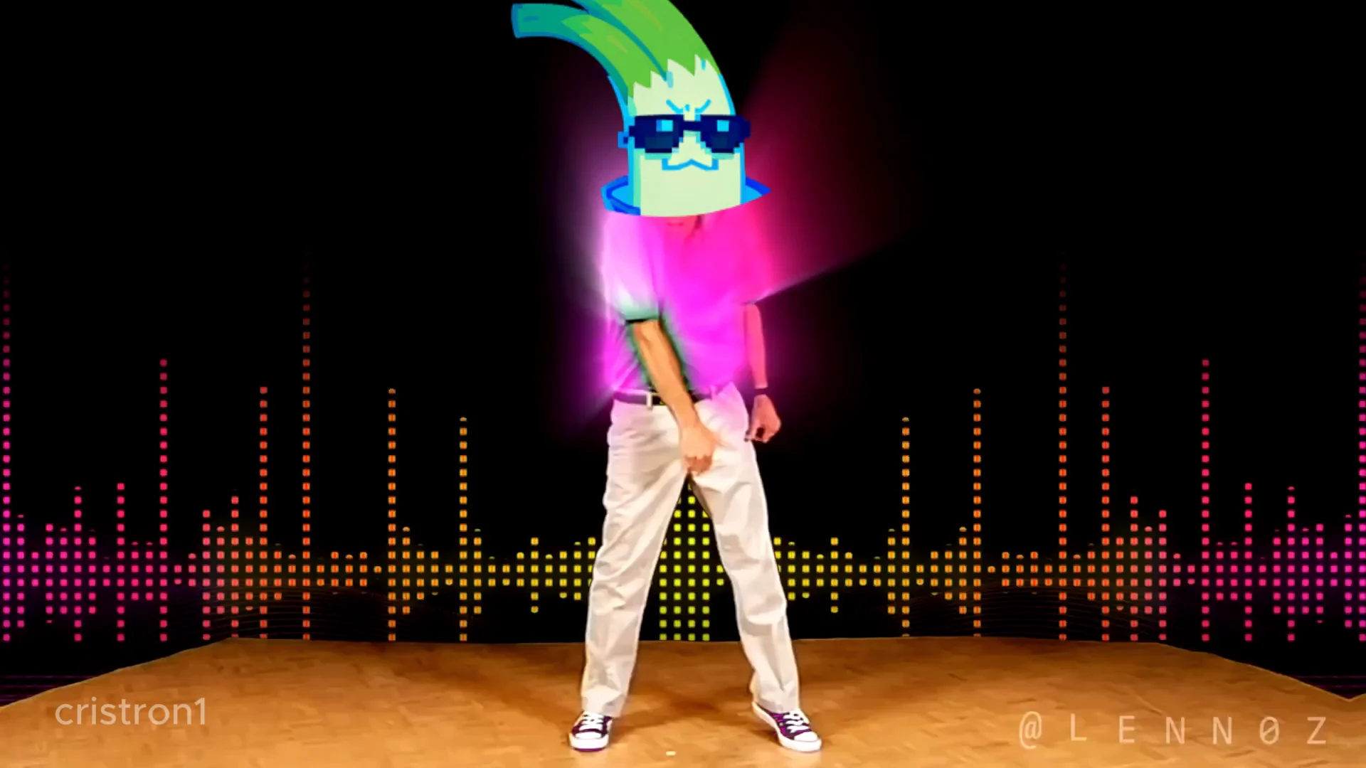 A person dances with the Cyberleek mascot over their head against coloured lights