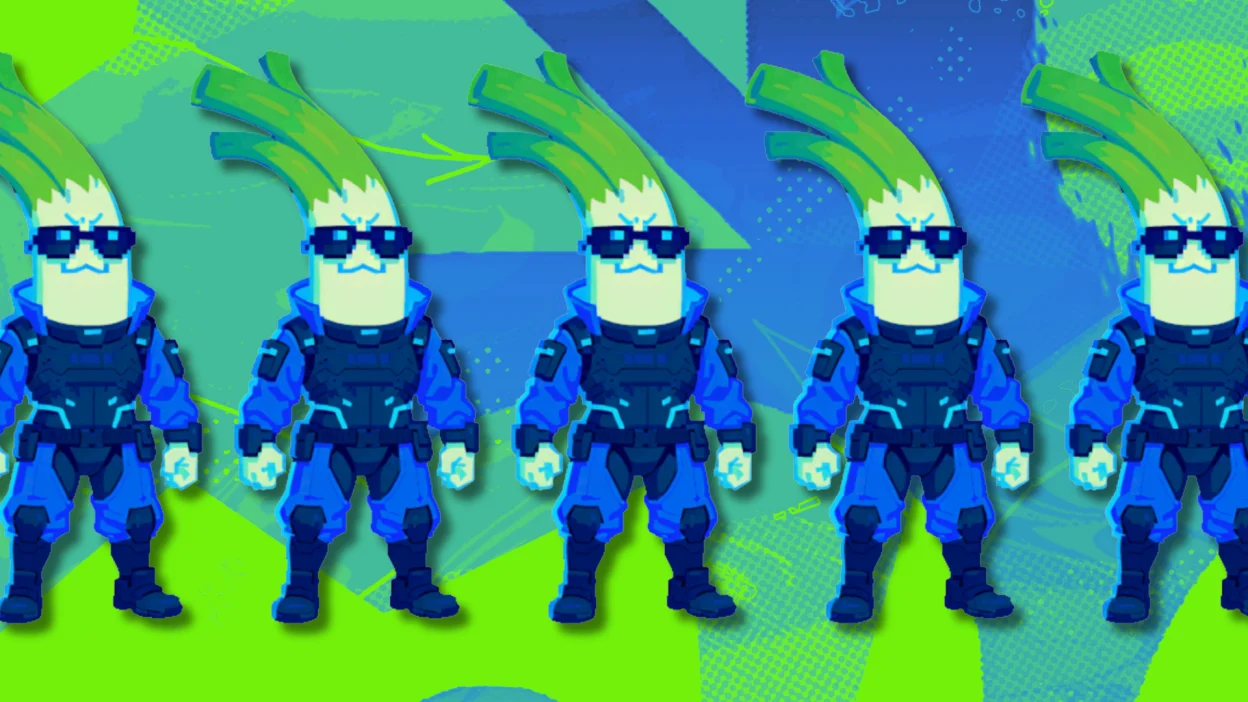 Cinco figuras de la mascota de Cyberleek sobre un fondo verde y azul