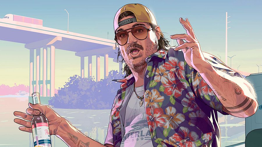 Wade sostiene una botella bajo una autopista en una ilustración oficial de GTA 6