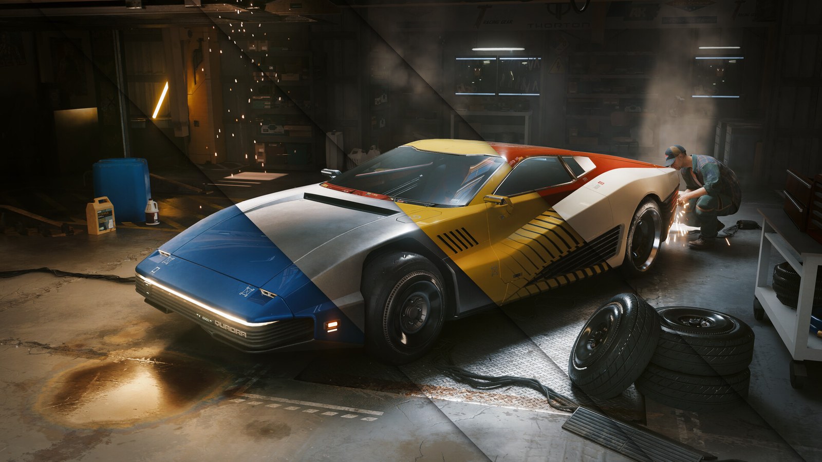 Un Quadra Turbo-R V-Tech pintado de amarillo y azul, aparcado en un garaje oscuro de Night City