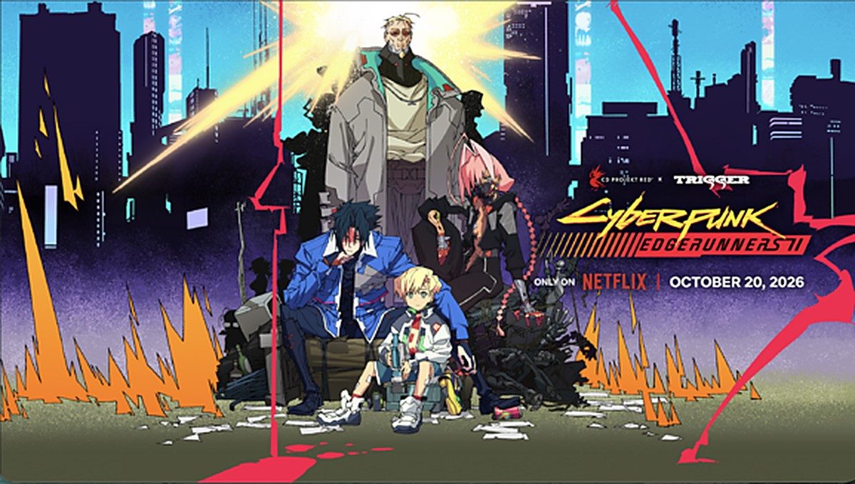 Official Cyberpunk: Edgerunners 2 key art with the four leads over a burning Night City and the 20 October 2026 date