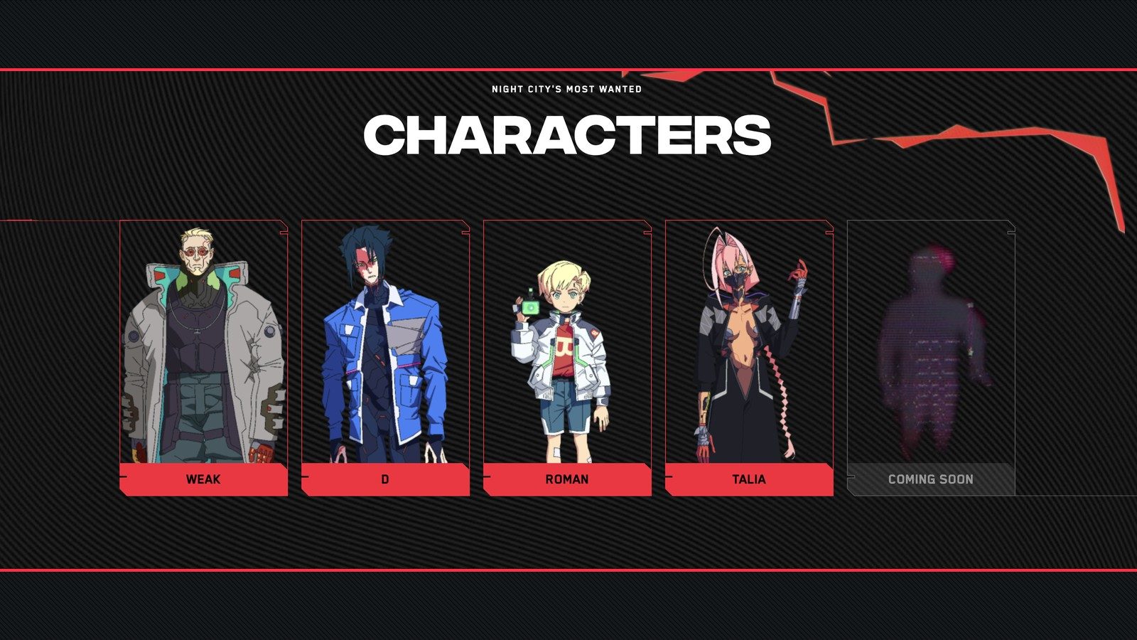 Official Cyberpunk: Edgerunners 2 page showing the Weak, D, Roman and Talia character cards plus a fifth card covered with a "coming soon" label