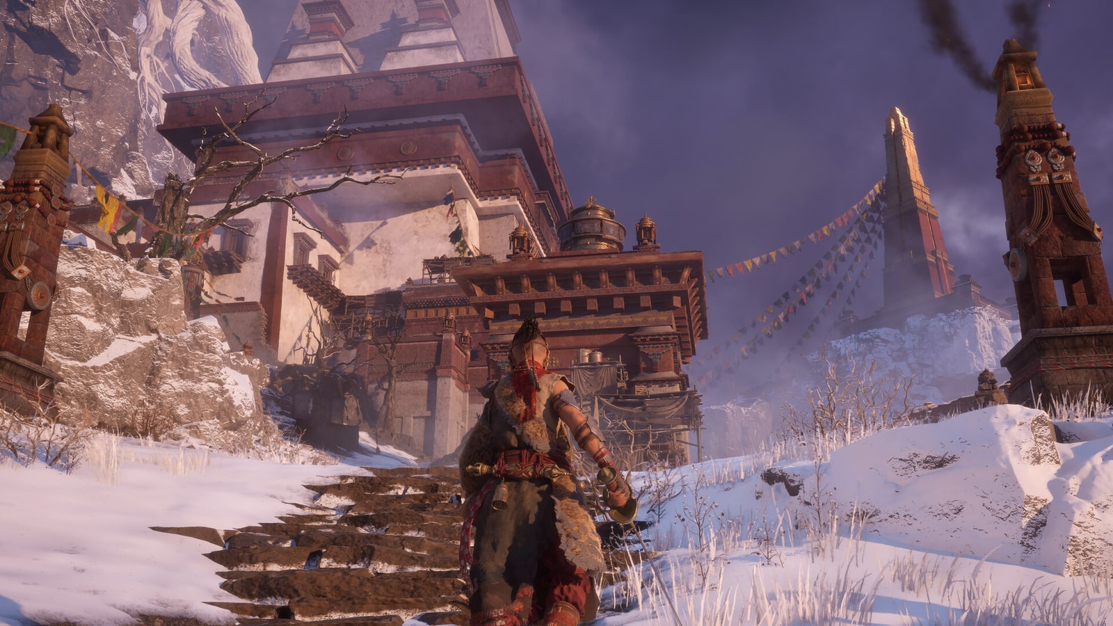 Adan approaches a snowy temple in Daba Land of Water Scar