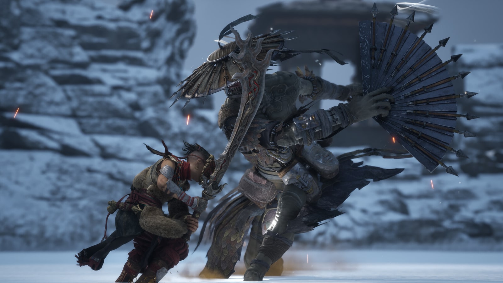 Adan fights a fan-wielding warrior in Daba