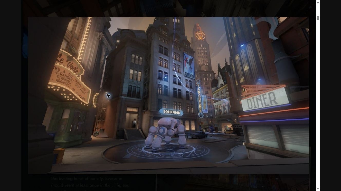 Captura del visor de la web oficial con una calle de Deadlock, letreros luminosos y una figura de piedra