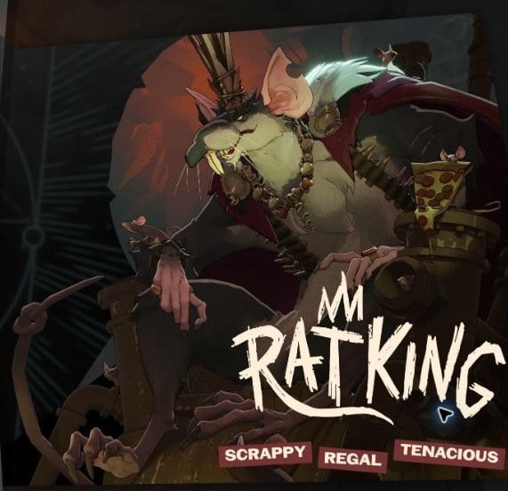 Rat King con corona, capa y un trozo de pizza en su tarjeta de la web oficial de Deadlock