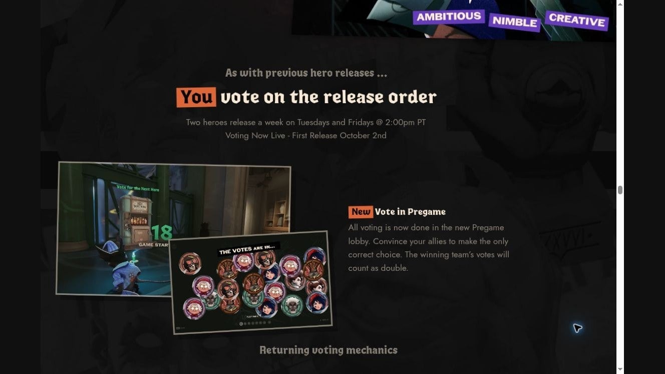 Sección de votación de la web oficial de Deadlock, con la sala previa a la partida y fichas de los personajes
