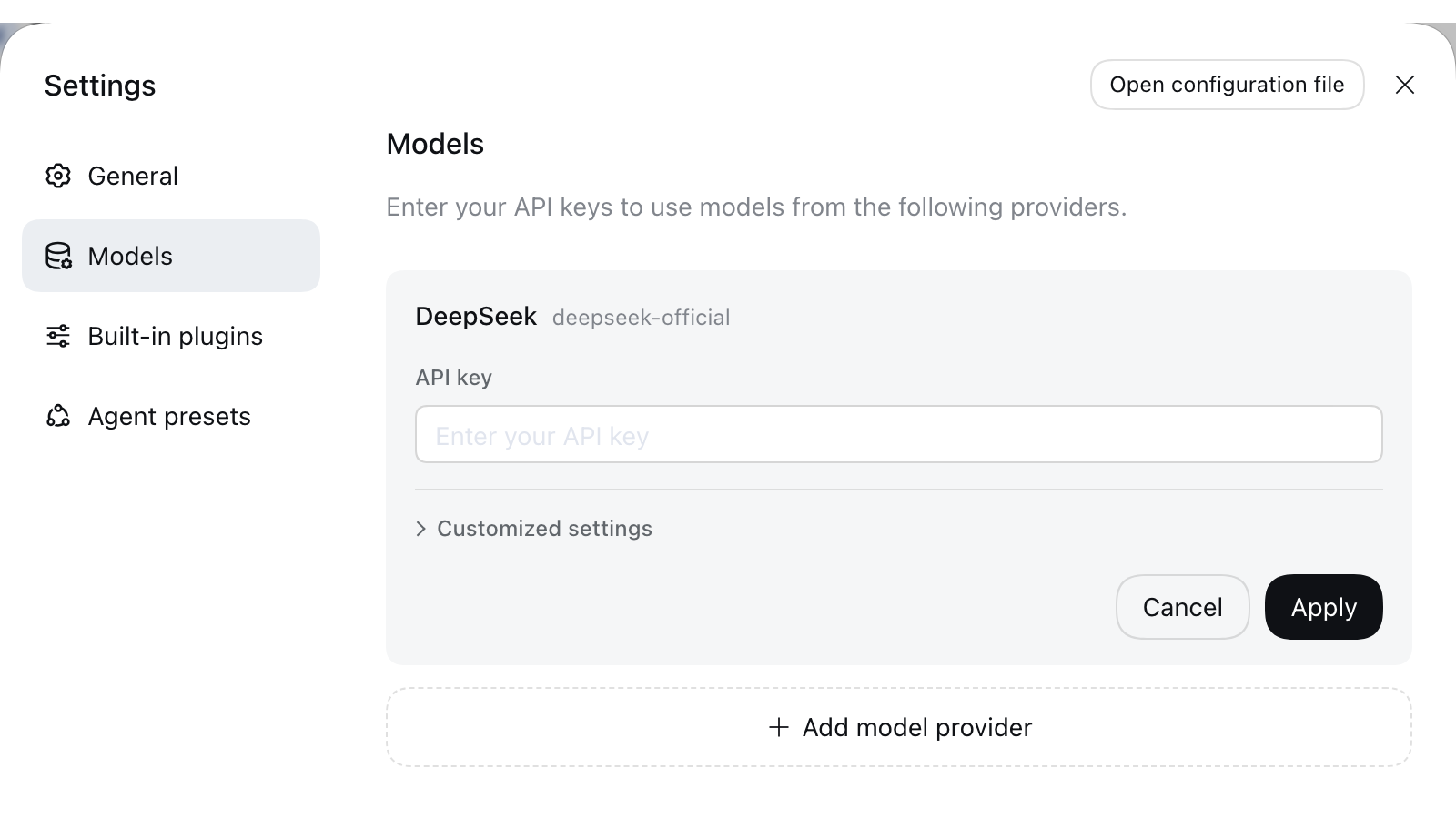 Harness documentation screenshot showing model-provider settings and an empty API-key field