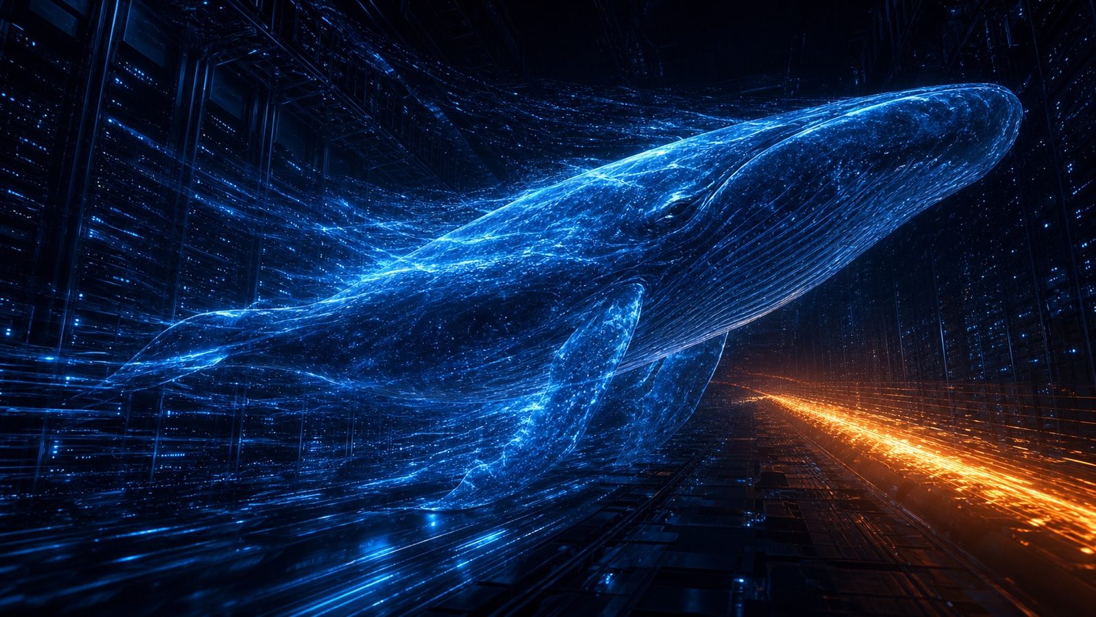 A digital whale cuts through server infrastructure, representing DeepSeek V4's impact on the AI price war