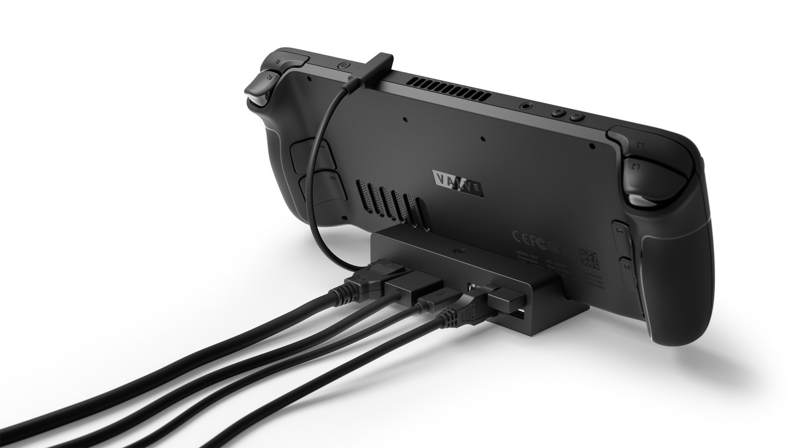 Vista oficial de una Steam Deck conectada a su dock, ilustrativa y ajena a la devolución de hardware