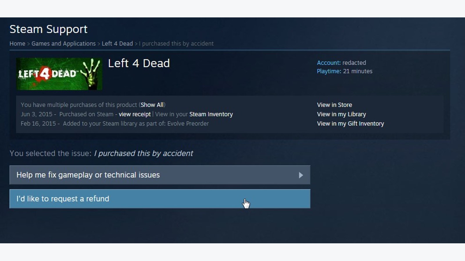 Botón para solicitar un reembolso en el ejemplo oficial de la ayuda de Steam