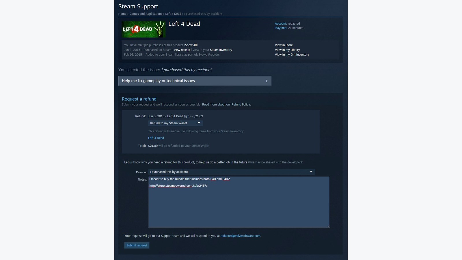 Formulario oficial de ejemplo para elegir el destino de un reembolso de Steam