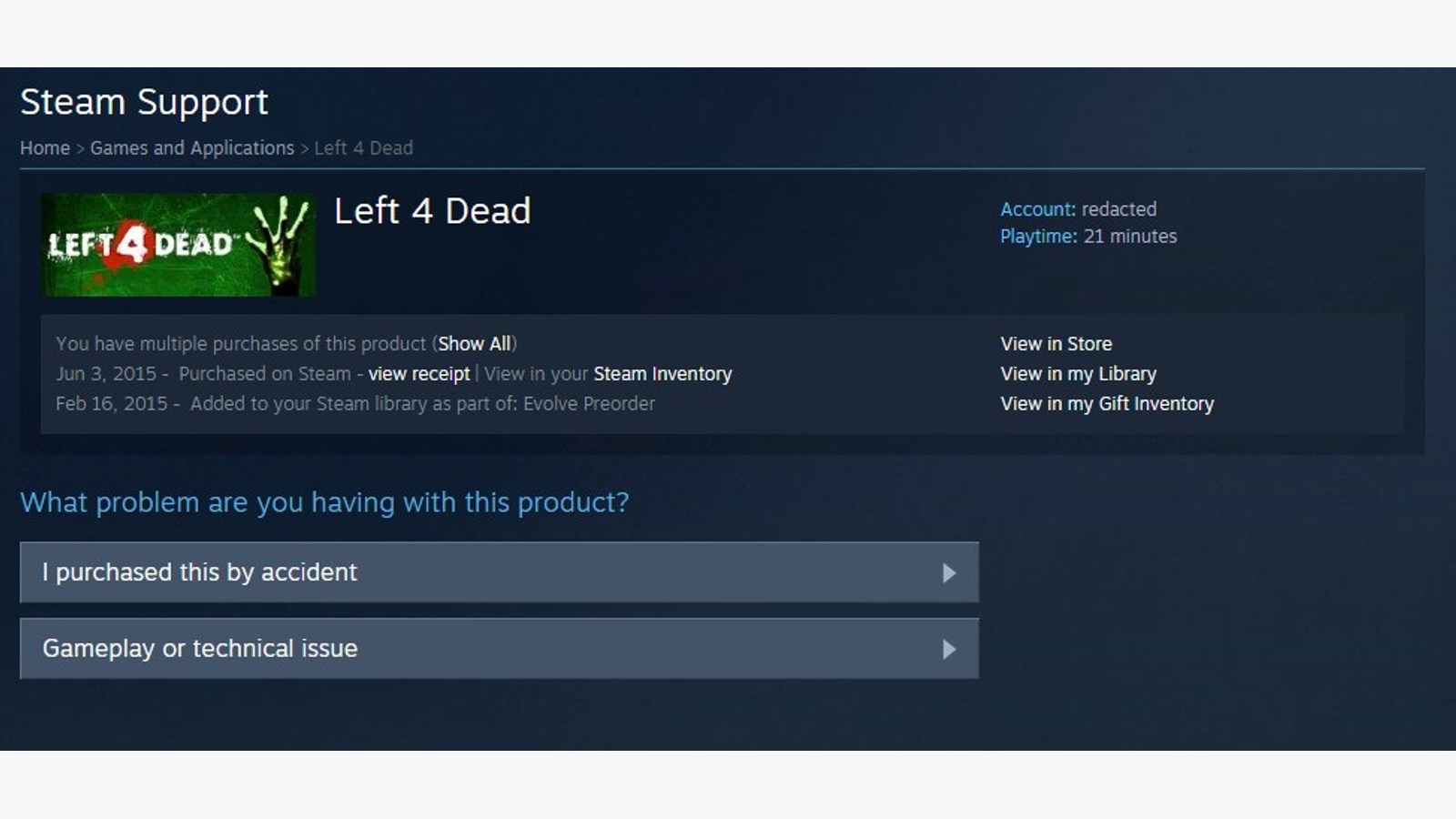 Ejemplo oficial de Steam para seleccionar el problema de una compra antes de pedir un reembolso