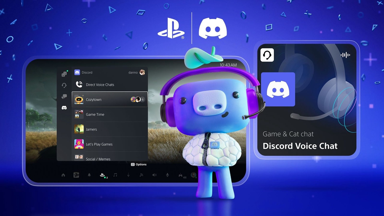 Wumpus con auriculares junto a la pestaña de Discord y una tarjeta de chat de voz de PS5
