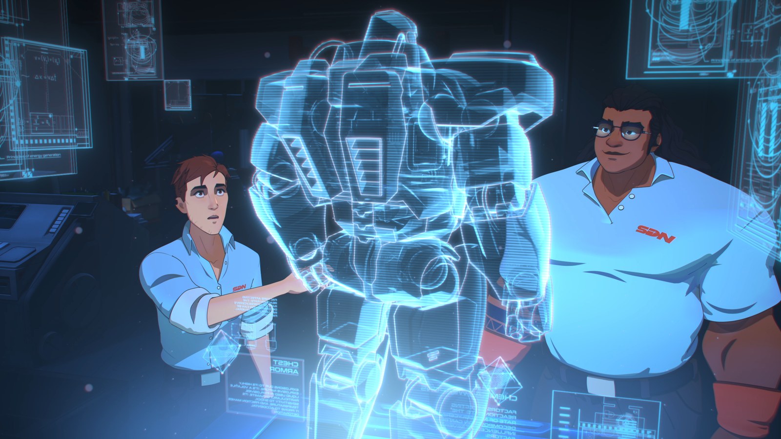 Robert and Roy study a holographic design of the Mecha Man suit in Dispatch