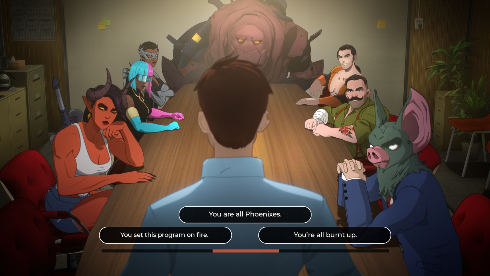Robert Robertson faces the superhero team in Dispatch during a dialogue choice