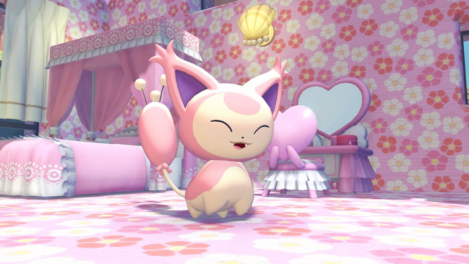 Skitty inside a room from the Pokémon Pokopia expansion pass