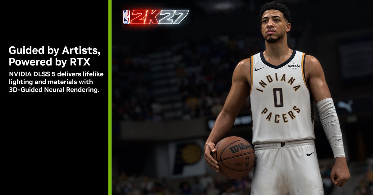 Tyrese Haliburton en NBA 2K27 junto al anuncio oficial de DLSS 5