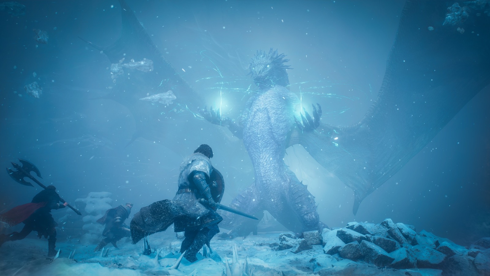 El Arisen y sus Peones se enfrentan al dragón de hielo Fimbl en Dragon's Dogma 2 Dark Arisen