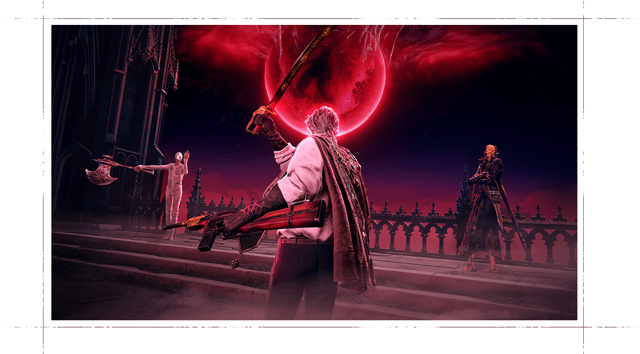 Three Bloodsworn face one another beneath a large red moon in the official The Duskbloods network test screenshot