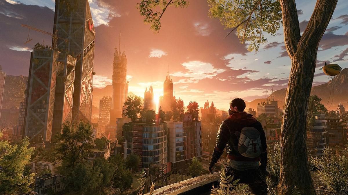 Vista de la ciudad de Dying Light 2 con rascacielos en ruinas al atardecer